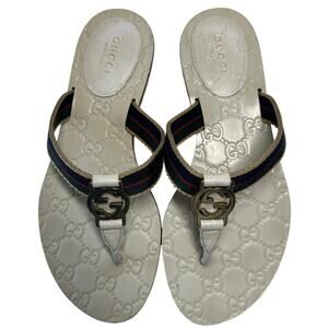 Gucci GG Web Stripe Thong Sandals, iconic navy/red/green web stripe fabric. 6.5